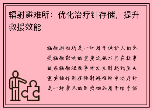 辐射避难所：优化治疗针存储，提升救援效能
